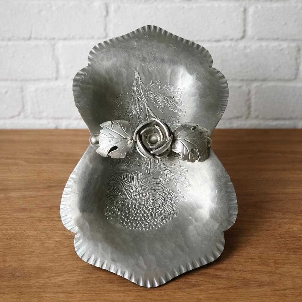 Continental Silverlook 754 Hand Wrought Aluminum Divided Candy Dish Rose Handle